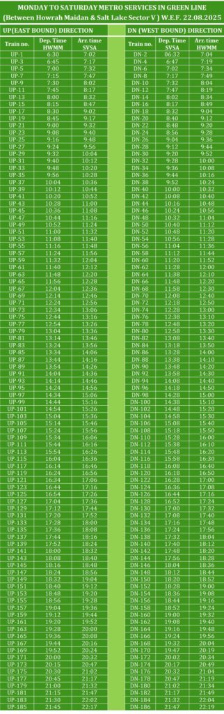 green line metro timings Monday to Saturday